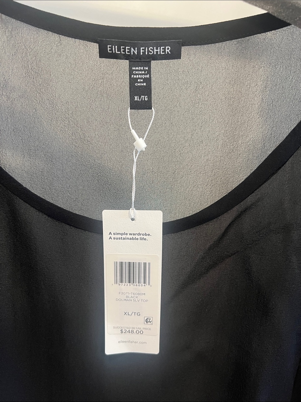 Eileen Fisher Black Sheer silk georgette Scoop dolman sleeve top - Picture 2 of 4